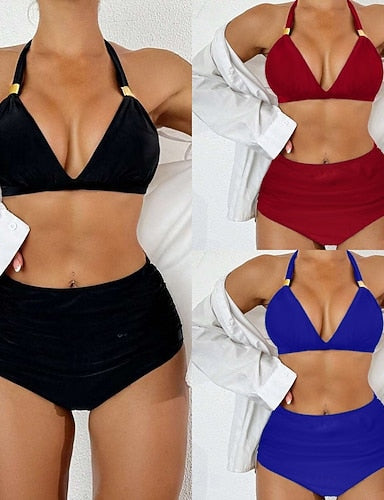 Bikini 2 Piece Swimsuit Briefs Slim Backless Vacation Beach Wear Color Halter Neck Sleeveless Bathing Suits