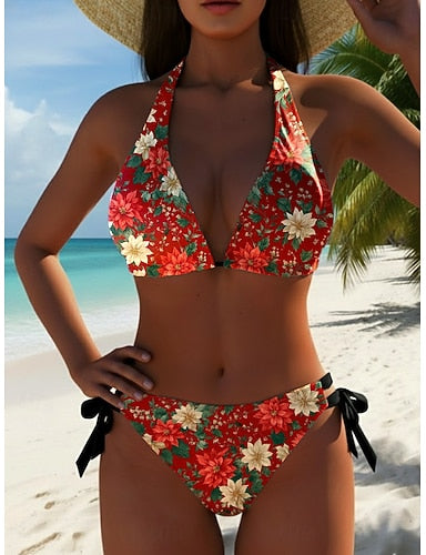 Bikini 2 Piece Swimsuit Palm Cheeky Slim Backless Vacation Beach Wear Graphic V Neck Sleeveless Bathing Suits