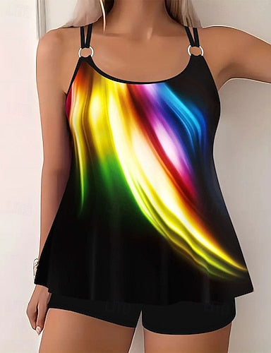 Swimwear 2 Piece Shorts Swimsuit Backless Vacation Beach Wear Graphic Round Neck Sleeveless Bathing Suits