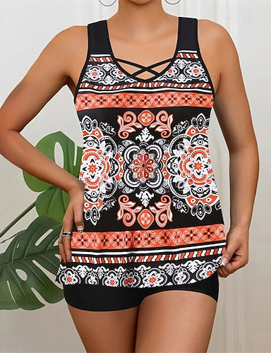 Tankini Two Piece Swimsuit V Neck Swimwear Swimwear White Blue Breathable Quick Dry Lightweight Sleeveless - Swimming Surfing Beach Summer Spring