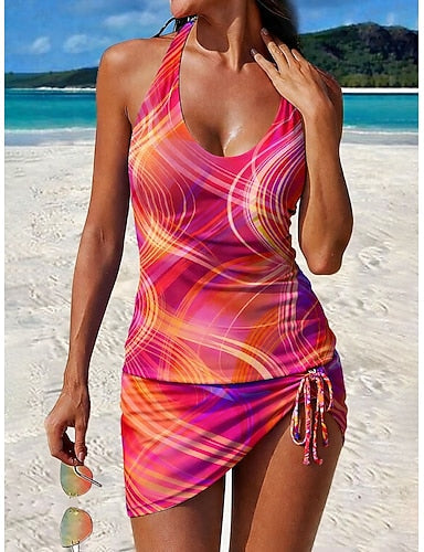 Swimwear Tankini Skirt Swimsuit Drawstring Vacation Graphic Geometic V Neck Sleeveless Bathing Suits