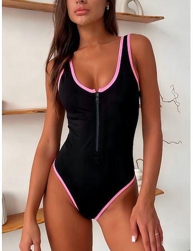 Swimwear One Piece Monokini Swimsuit Slim Front Zip Backless Vacation Beach Wear Color Scoop Neck Sleeveless Bathing Suits