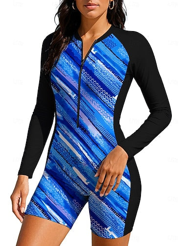 Rash Guard Dive Skin Suit Rash Guard Bathing Suit Stripes Abstract Geometry Zip Up Removable Pad Front Zip Uv Sun Protection Upf50+ Ultra Light (ul) Long Sleeve Swimwear Sun Shirt Surfing