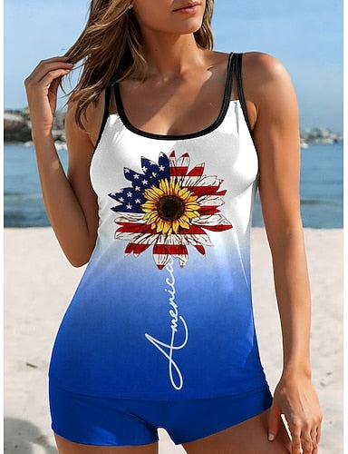American Independence Day Swimwear Tankini 2 Piece High Waist Swimsuit Backless Vacation Beach Wear Geometric U Neck Sleeveless Bathing Suits