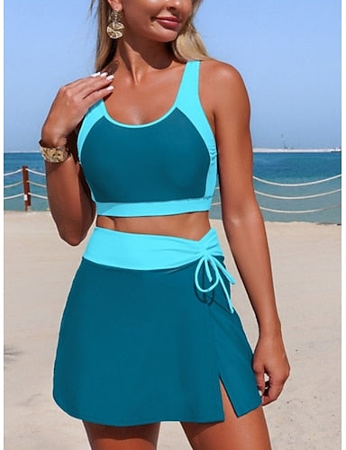 Swimwear Bikini 2 Piece Skirt Swimsuit Tummy Control High Waist Slim Backless Vacation Beach Wear Color Scoop Neck Sleeveless Bathing Suits