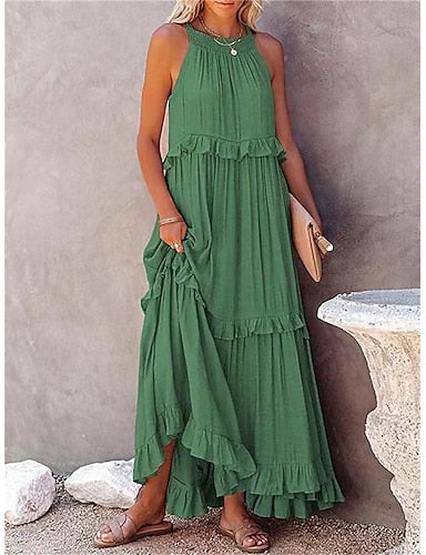 Maxi Dress White Dress Beach Dress Swing Dress Daily Outdoor Beach Loose Fit Plain Sleeveless Crew Neck Blue White Yellow Pink Summer Spring