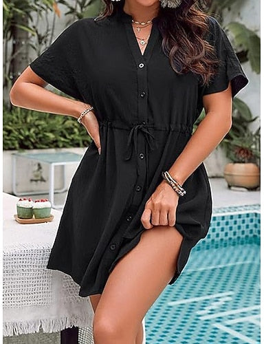 Mini Dress White Dress Beach Dress Black Dress Cover Up Classic Daily Outdoor Beach Regular Fit Plain Short Sleeve V Neck Black White Apricot Summer Spring