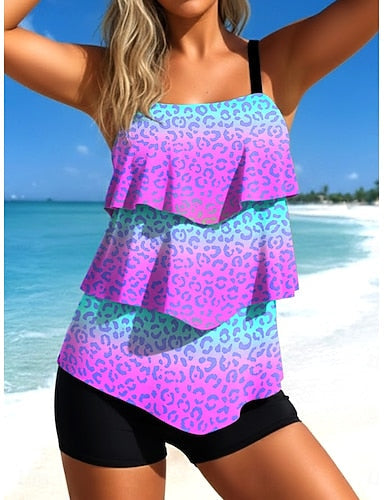 Tankini 2 Piece Swimsuit High Waist Ruffle Layered Backless Vacation Beach Wear Ombre Graphic U Neck Sleeveless Bathing Suits
