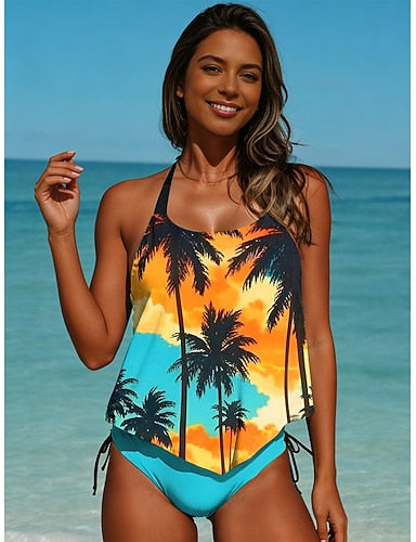 Swimwear Tankini 2 Piece Briefs Swimsuit Backless Vacation Beach Wear Ombre Graphic Halter Neck Sleeveless Bathing Suits