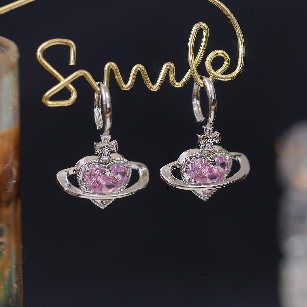 [] Pink Heart Huggie Earrings