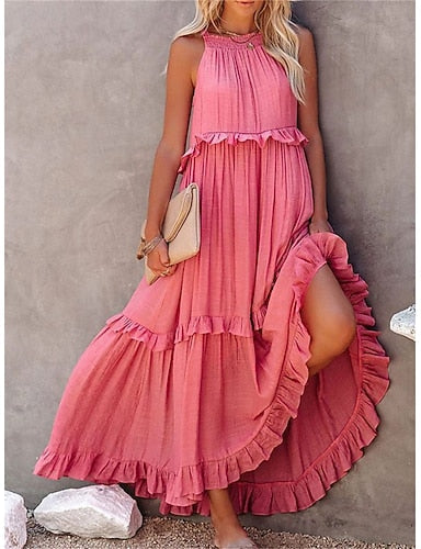 Maxi Dress White Dress Beach Dress Swing Dress Daily Outdoor Beach Loose Fit Plain Sleeveless Crew Neck Blue White Yellow Pink Summer Spring
