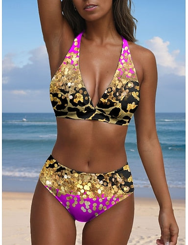 Bikini 2 Piece Swimsuit Cheeky Halter Ombre Graphic V Wire Sleeveless Bathing Suits