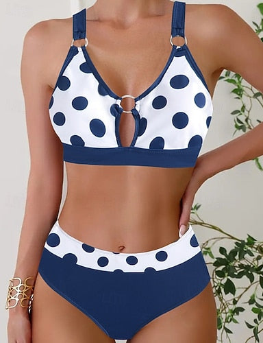 Swimwear 2 Piece Cheeky Swimsuit Backless Vacation Beach Wear Polka Dot V Neck Sleeveless Bathing Suits