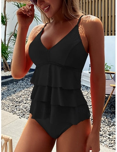 Swimwear Tankini 2 Piece Shorts Swimsuit Tummy Control High Waist Slim Backless Vacation Beach Wear Color Color Block V Neck Sleeveless Bathing Suits