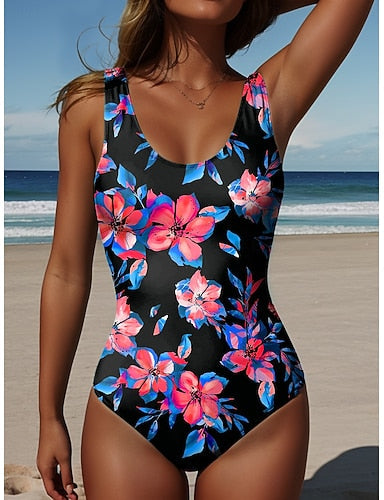 One Piece Swimsuit Slimming Monokini S Backless Vacation Beach Wear Graphic U Neck Sleeveless Bathing Suits