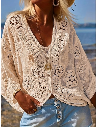 Swimwear Cover Up Swimsuit Crochet Vacation Beach Wear Color V Neck Long Sleeve Bathing Suits
