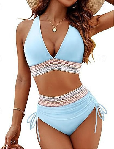 Ruched Swimsuit Bikini Sets Swimwear Colored Swimwear Light Blue Black Breathable Sleeveless - Surfing Beach Swimming Summer