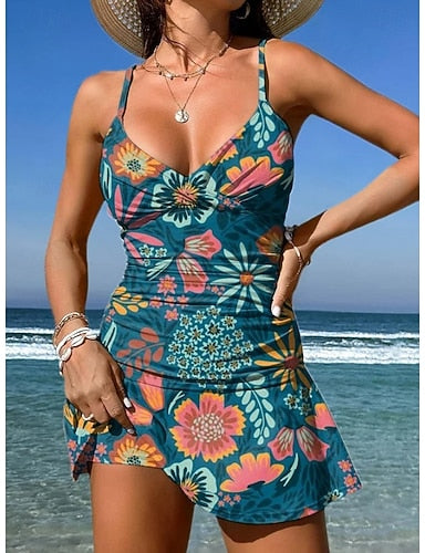 Swimwear One Piece Skirt Swimsuit Vacation Graphic V Neck Sleeveless Bathing Suits