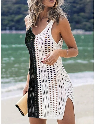 Cover Up Swimsuit Dress Cut Out Vacation Beach Wear Color V Neck Sleeveless Bathing Suits
