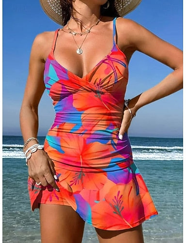 Swimwear One Piece Skirt Swimsuit Vacation Graphic V Neck Sleeveless Bathing Suits