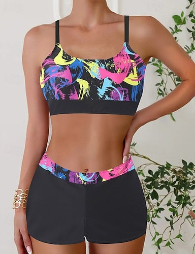 Swimwear 2 Piece Shorts Swimsuit Backless Vacation Beach Wear U Neck Sleeveless Bathing Suits