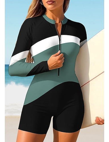 Regular Rash Guard One Piece Surfing Suit Bathing Suit Geometric Stripes Geometry Zip Up With Built in Bra Removable Pad Uv Sun Protection Upf50+ Ultra Light (ul) Long Sleeve Swimwear Sun