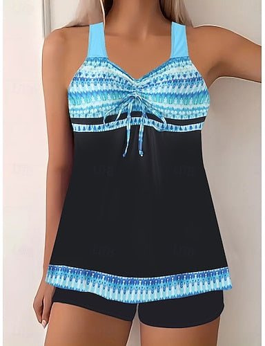 Tankini 2 Piece Swimsuit High Waist Tummy Control High Waist Slim Backless Vacation Beach Wear Ombre Stripe V Neck Sleeveless Bathing Suits