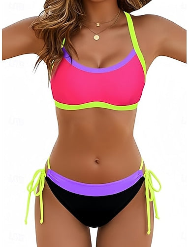 Swimwear Bikini 2 Piece Cheeky Swimsuit Slim Backless Vacation Beach Wear Color Block Scoop Neck Sleeveless Bathing Suits