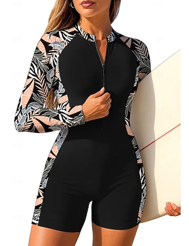 Rash Guard One Piece Surfing Suit Bathing Suit Tropical Color-blocking Zip Up With Built in Bra Removable Pad Uv Sun Protection Upf50+ Ultra Light (ul) Long Sleeve Swimwear Sun Shirt