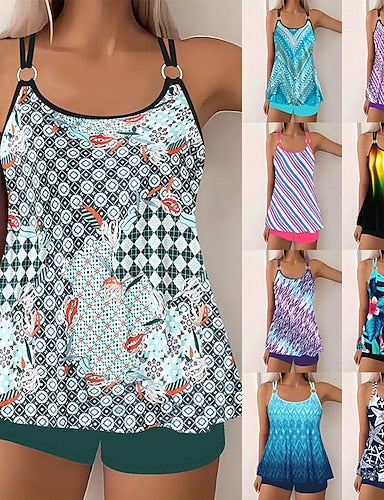 Tankini 2 Piece Swimsuit Shorts Tummy Control High Waist Slim Backless Vacation Beach Wear Ombre U Neck Sleeveless Bathing Suits