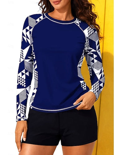Regular Rash Guard Swimsuit Rash Guard Tankini Swimsuits Geometric Abstract Color-blocking 2 Piece Removable Pad Boyleg Uv Sun Protection Upf50+ Uv Protection Long Sleeve Swimwear Sun Shirt