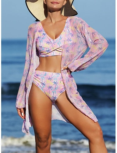 Bikini 3 Piece Swimsuit Palm Cheeky Slim Backless Vacation Beach Wear V Neck Sleeveless Bathing Suits