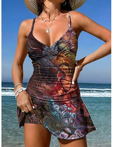 Swimwear One Piece Skirt Swimsuit Vacation Graphic Geometric V Neck Sleeveless Bathing Suits