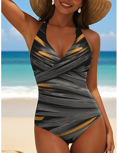 One Piece Swimsuit Slimming Colorblock Monokini High Cut Tummy Control High Waist Slim Backless Vacation Ombre Graphic V Neck Sleeveless Bathing Suits
