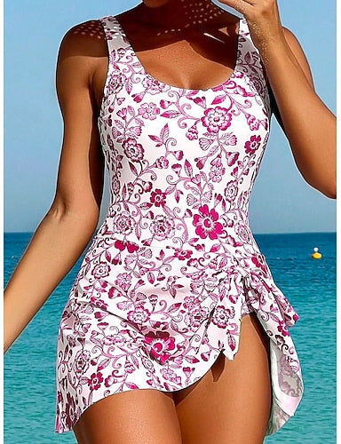 One Piece Swimsuit With Skirt Monokini High Cut Tummy Control High Waist Slim Backless Vacation Graphic U Neck Sleeveless Bathing Suits