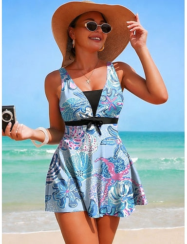Tankini 2 Piece Swimsuit With Skirt Skirt Backless Vacation Beach Wear Graphic V Neck Sleeveless Bathing Suits