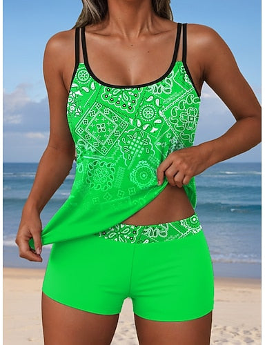 Tankini 2 Piece Swimsuit Shorts Backless Vacation Beach Wear Ombre Graphic U Neck Sleeveless Bathing Suits