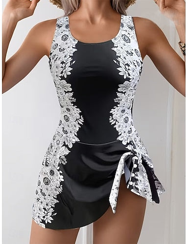 Swimwear One Piece Skirt Swimsuit Vacation Graphic U Neck Sleeveless Bathing Suits