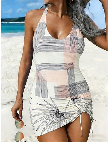 Swimwear Tankini 2 Piece Skirt Swimsuit Drawstring Halter Vacation Color Block Geometic Scoop Neck Sleeveless Bathing Suits