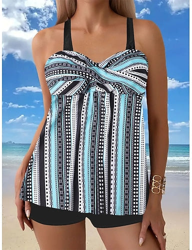 Tankini 2 Piece Swimsuit Shorts Tummy Control High Waist Slim Backless Vacation Beach Wear Geometric Striped V Neck Sleeveless Bathing Suits