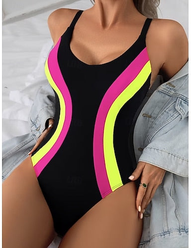 Swimwear One Piece Briefs Swimsuit Vacation Graphic Geometric Round Neck Sleeveless Bathing Suits