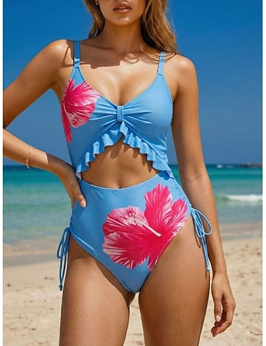 Swimwear One Piece Monokini Swimsuit Ruffle Tummy Control High Waist Slim Backless Vacation Beach Wear V Neck Sleeveless Bathing Suits