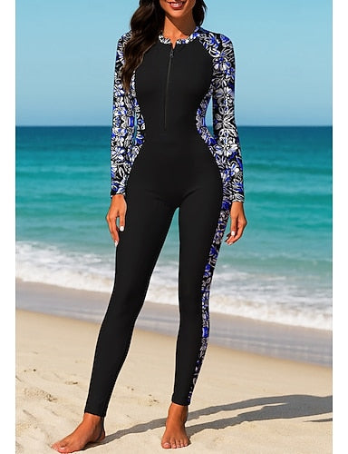 Rash Guard Full Body Rash Guard One Piece Surfing Suit Tropical Color-blocking Zip Up With Built in Bra Front Zip Uv Sun Protection Full Coverage Upf50+ Long Sleeve Full Body Swimwear