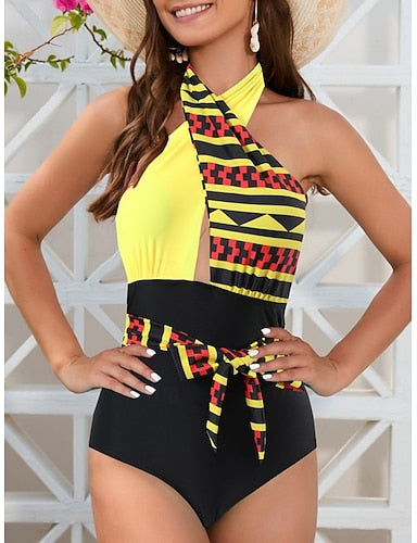 One Piece Swimsuit Cutout Monokini Tummy Control High Waist Slim Backless Vacation Beach Wear Graphic Geometric Halter Neck Sleeveless Bathing Suits
