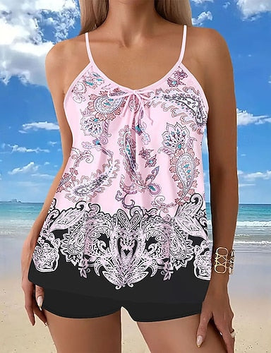 Swimwear 2 Piece Shorts Swimsuit Backless Vacation Beach Wear Graphic U Neck Sleeveless Bathing Suits