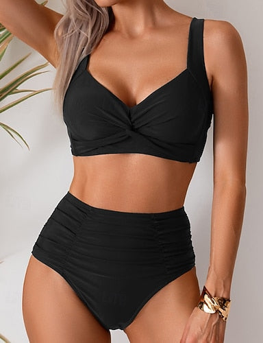 Swimwear 2 Piece Cheeky Swimsuit Ruched Backless Vacation Beach Wear Plain V Neck Sleeveless Bathing Suits