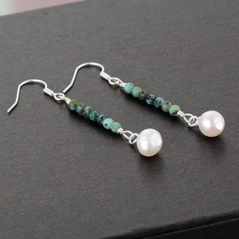 African Turquoise & Pearl Drop Earrings