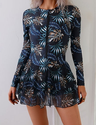 Swimwear One Piece Skirt Swimsuit Zipper Vacation Beach Wear Graphic Leaves High Neck Long Sleeve Bathing Suits
