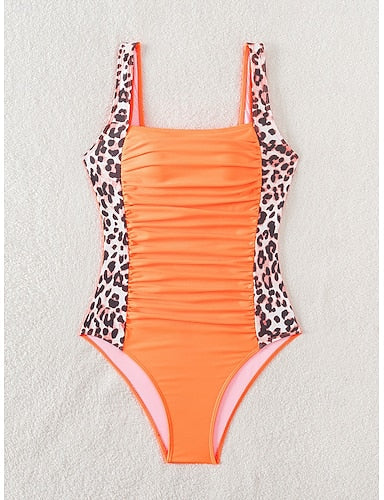 One-piece Tummy Control Bathing Suits Scoop Neck Leopard Print Panels Racerback Ruched Summer Beachwear Quick-dry Stretch Fabric Full Size Black Swimsuit
