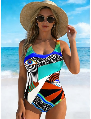 Swimwear One Piece High Cut Swimsuit Beach Wear Summer Graphic Geometric U Neck Sleeveless Bathing Suits
